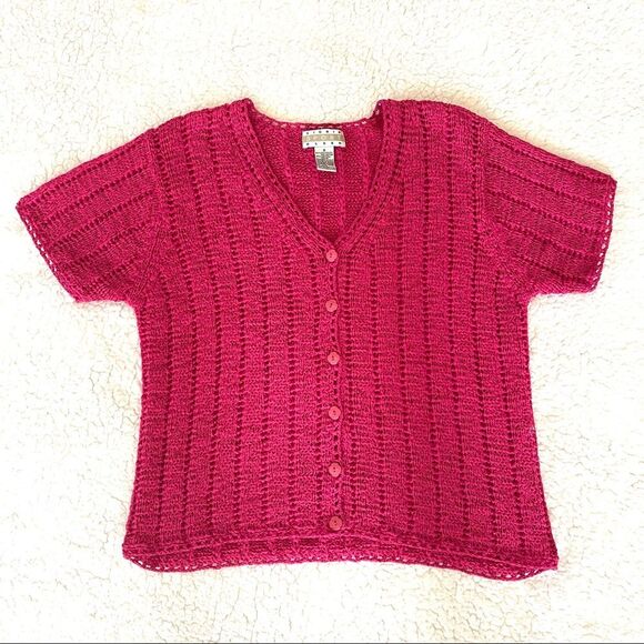 Sigrid Olsen Fuchsia V-neck Button Front Short Sleeve Sweater Top Size Small - Picture 2 of 11